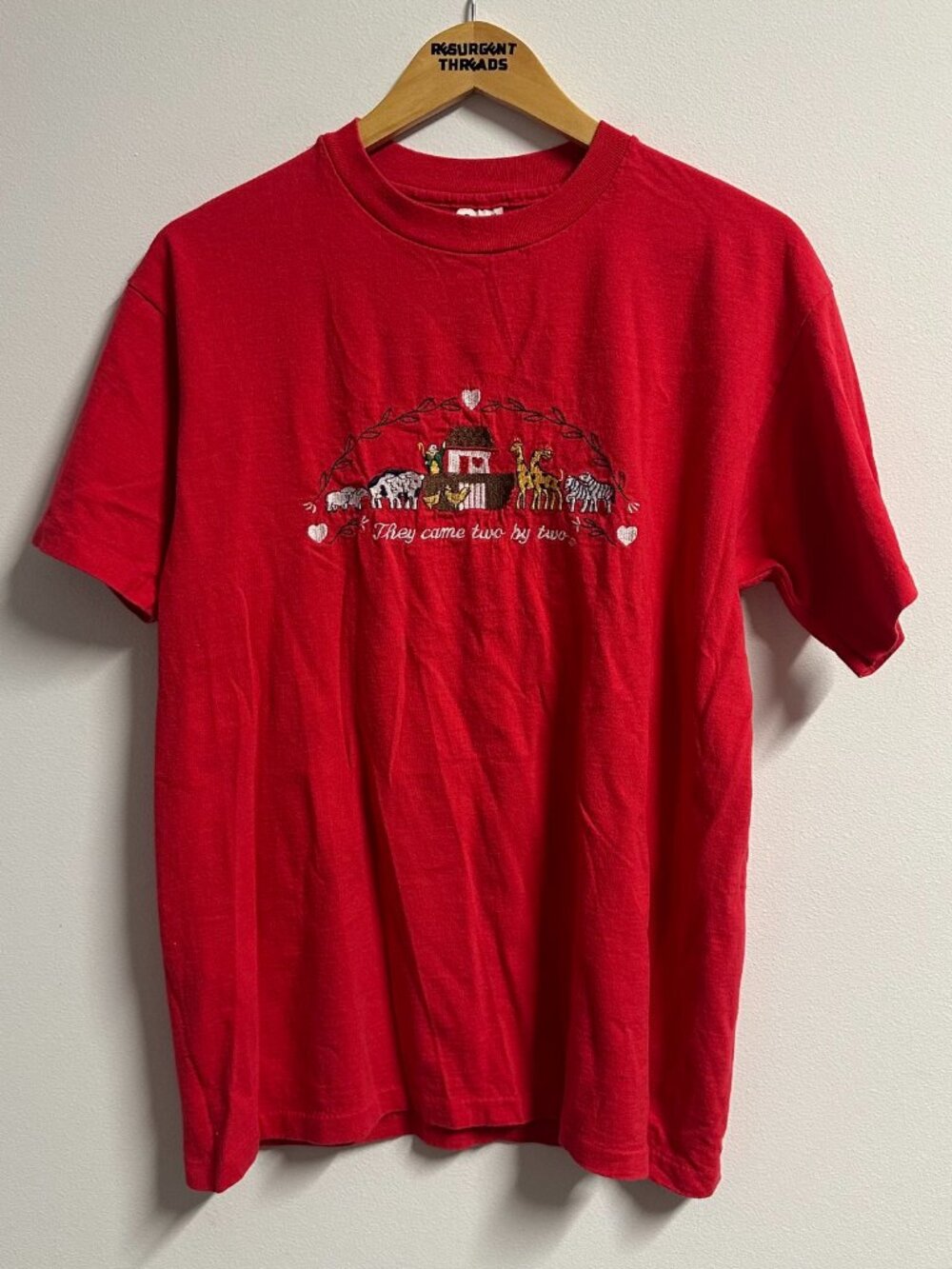 Vintage 90s Noah's Ark Embroidered Tshirt Large Red God Jesus Christian